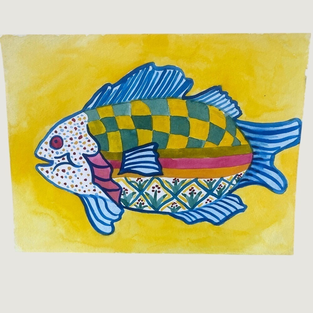 Original Watercolor Painting Bright Coastal Colorful Fish Playful Folk Art